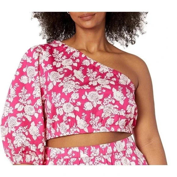 The Drop Anupa One Shoulder Puff Sleeve Crop Top Women's Small Hot Pink Floral - Picture 1 of 6
